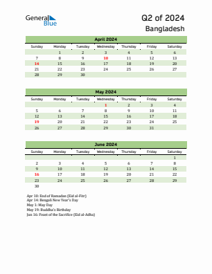 Bangladesh Quarter 2  2024 calendar template