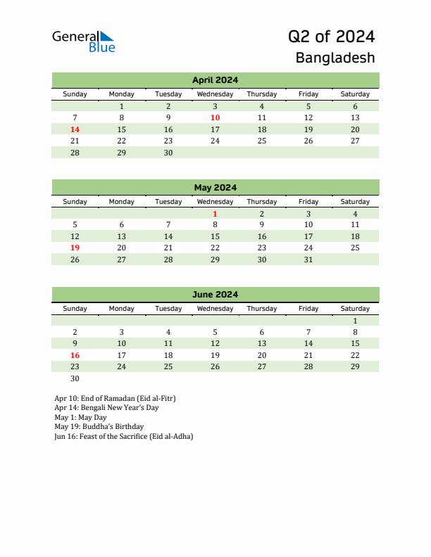 Q2 2024 Quarterly Calendar with Bangladesh Holidays (PDF, Excel, Word)