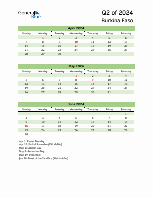 Burkina Faso Quarter 2  2024 calendar template