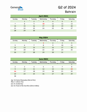 Bahrain Quarter 2  2024 calendar template
