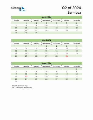 Bermuda Quarter 2  2024 calendar template