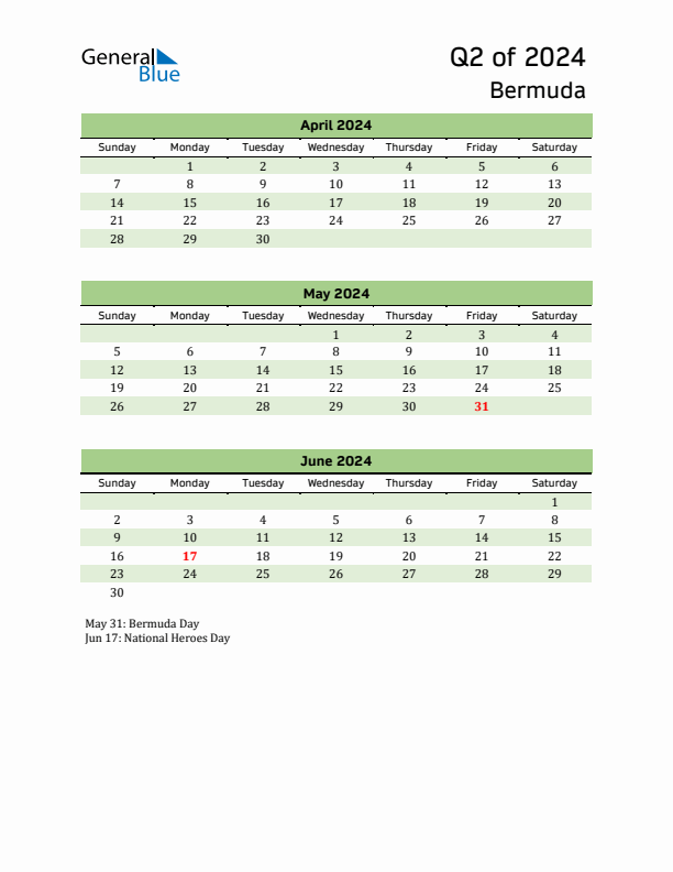 Quarterly Calendar 2024 with Bermuda Holidays