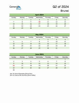 Brunei Quarter 2  2024 calendar template
