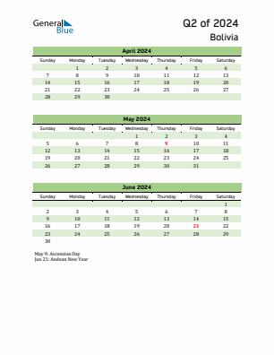 Bolivia Quarter 2  2024 calendar template
