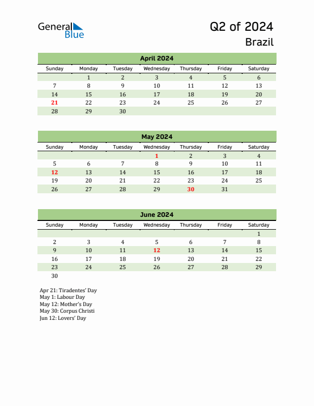 Q2 2024 Quarterly Calendar with Brazil Holidays (PDF, Excel, Word)