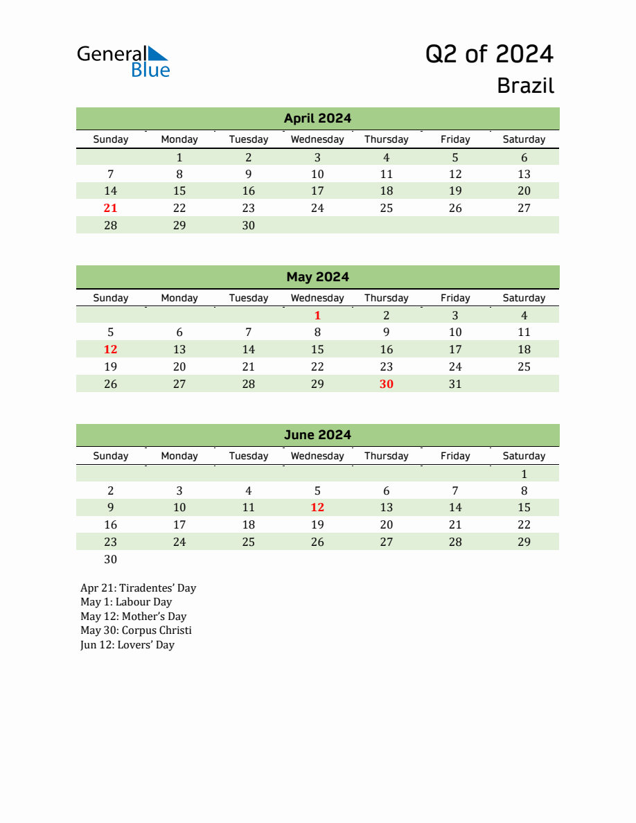 Quarterly Calendar 2024 with Brazil Holidays