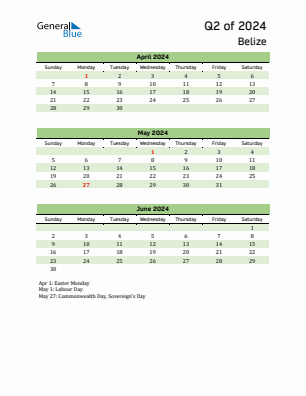 Belize Quarter 2  2024 calendar template
