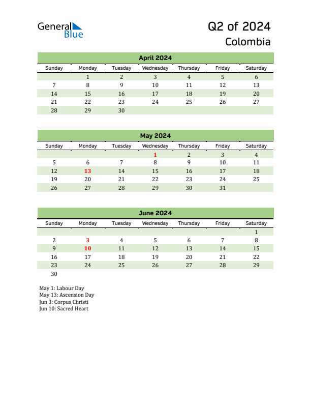 Quarterly Calendar 2024 with Colombia Holidays