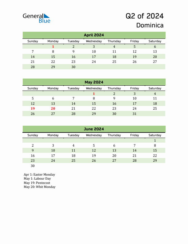 Quarterly Calendar 2024 with Dominica Holidays