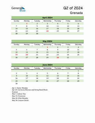 Grenada Quarter 2  2024 calendar template