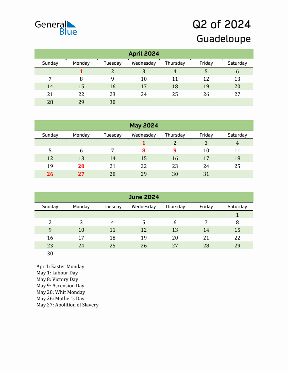 Quarterly Calendar 2024 with Guadeloupe Holidays