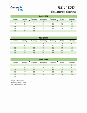 Equatorial Guinea Quarter 2  2024 calendar template