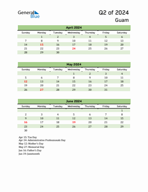 Guam Quarter 2  2024 calendar template