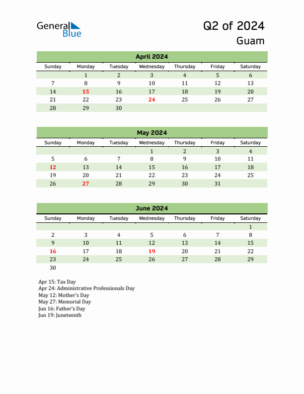 Quarterly Calendar 2024 with Guam Holidays