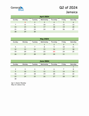 Jamaica Quarter 2  2024 calendar template