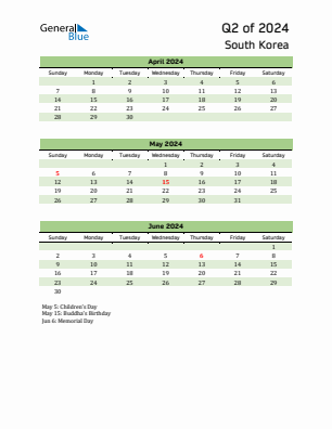 South Korea Quarter 2  2024 calendar template