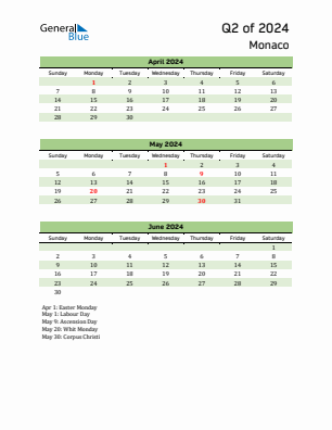 Monaco Quarter 2  2024 calendar template