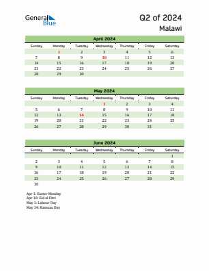 Malawi Quarter 2  2024 calendar template