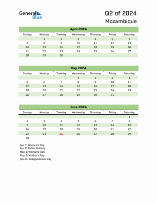 Mozambique Quarter 2  2024 calendar template