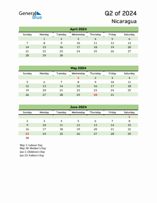 Nicaragua Quarter 2  2024 calendar template
