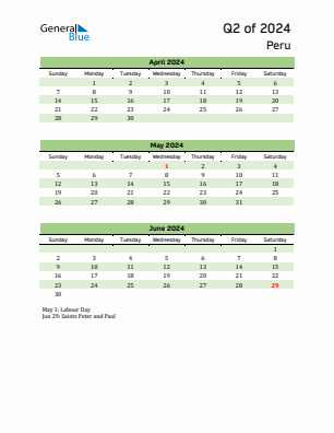 Peru Quarter 2  2024 calendar template