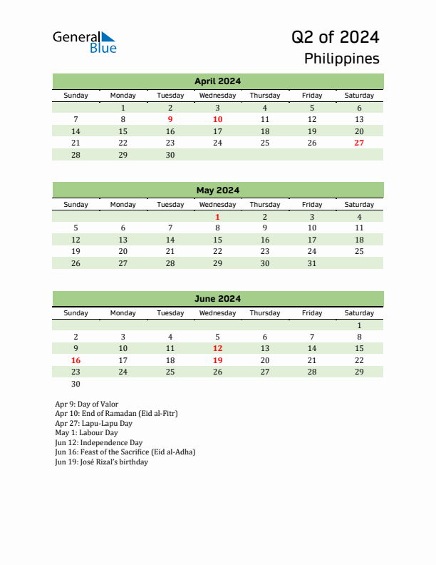 Quarterly Calendar 2024 with Philippines Holidays