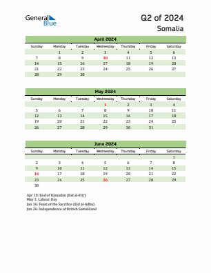 Somalia Quarter 2  2024 calendar template