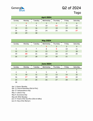 Togo Quarter 2  2024 calendar template