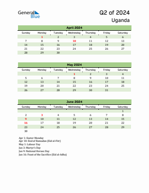 Uganda Quarter 2  2024 calendar template
