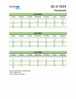 Venezuela Quarter 2  2024 calendar template