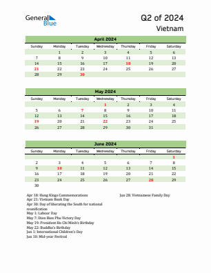 Vietnam Quarter 2  2024 calendar template