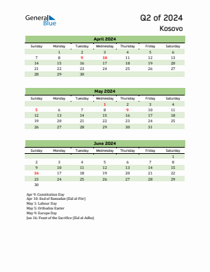 Kosovo Quarter 2  2024 calendar template