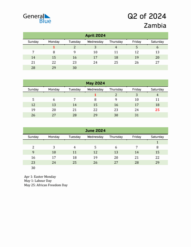 Quarterly Calendar 2024 with Zambia Holidays
