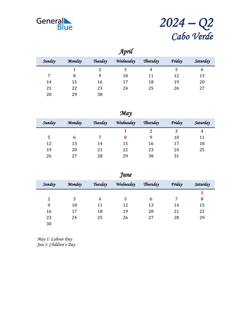  April, May, and June Calendar for Cabo Verde