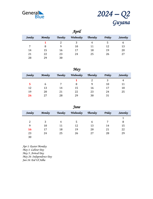 Q2 2024 Quarterly Calendar with Guyana Holidays