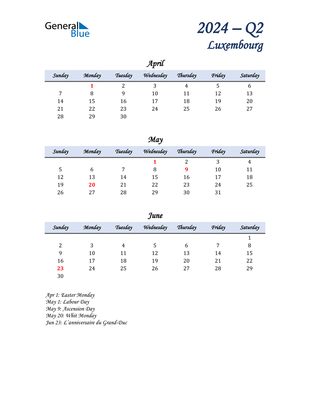 April, May, and June Calendar for Luxembourg
