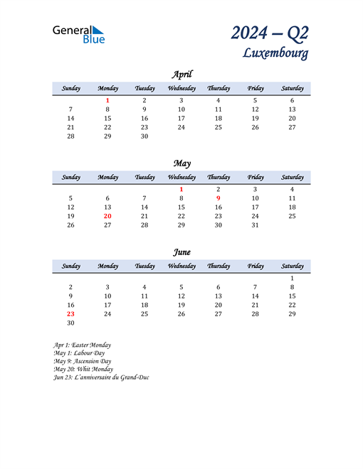  April, May, and June Calendar for Luxembourg