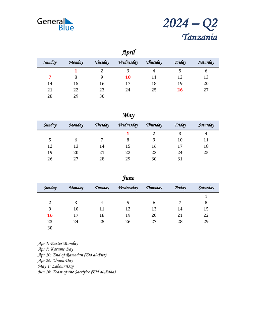  April, May, and June Calendar for Tanzania