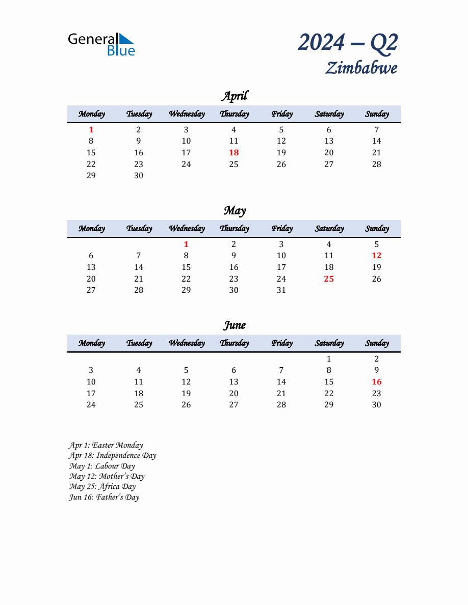 April May And June Calendar For Zimbabwe With Monday Start 0200