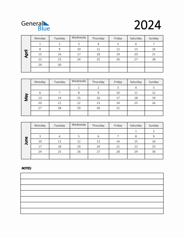 Q2 2024 Calendar with Notes