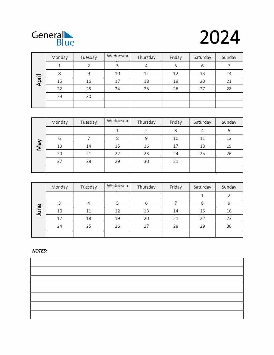 Q2 2024 Calendar Template with Notes in PDF, Word, and Excel