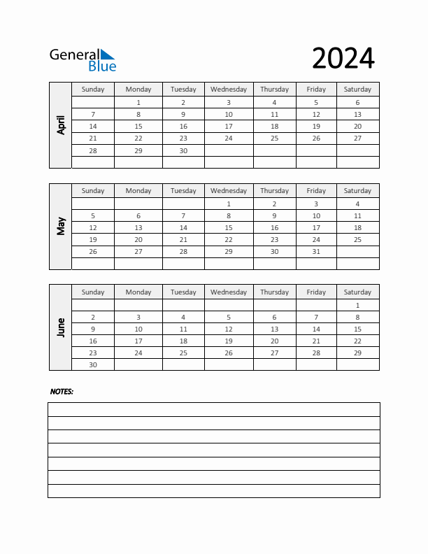 Q2 2024 Calendar with Notes