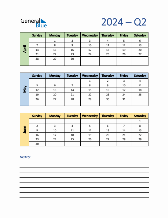 Quarter 2 2024 calendar template