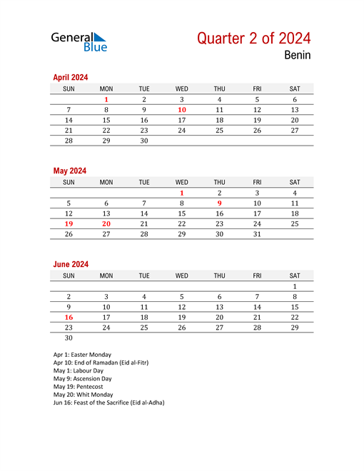  Printable Three Month Calendar for Benin