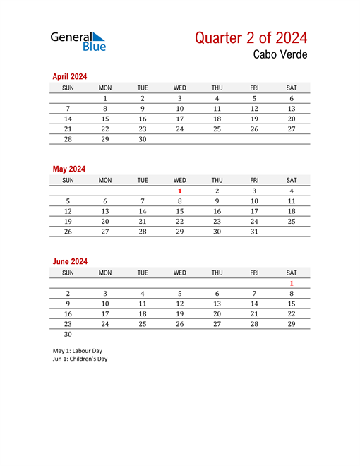  Printable Three Month Calendar for Cabo Verde