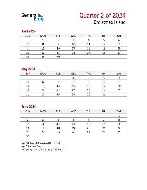  Printable Three Month Calendar for Christmas Island