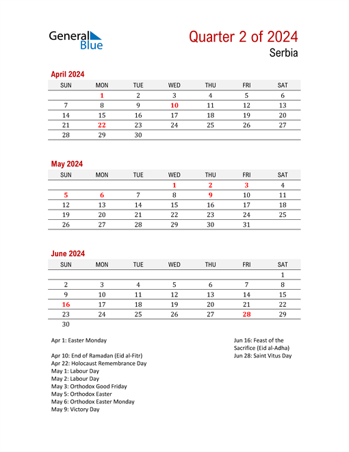  Printable Three Month Calendar for Serbia