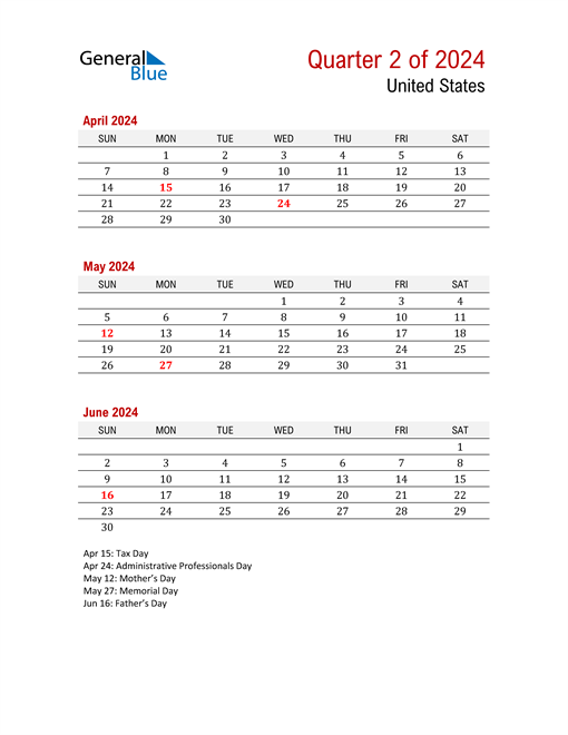 Q2 2024 Quarterly Calendar with United States Holidays