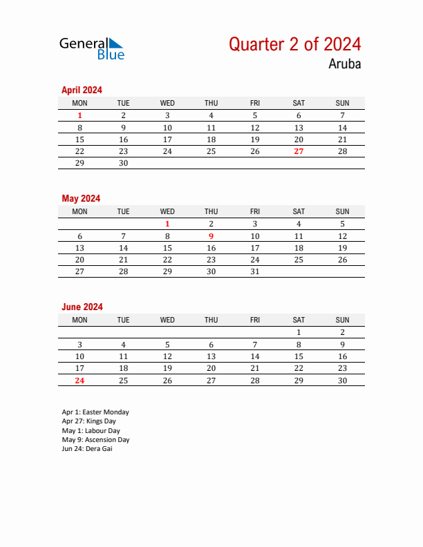 Threemonth calendar for Aruba Q2 of 2024