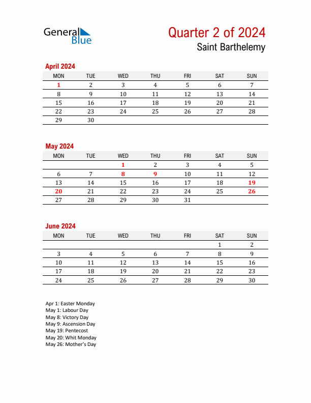 Printable Three Month Calendar with Saint Barthelemy Holidays